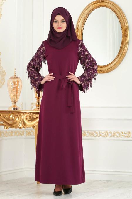 Nayla Colection - Kolları Detaylı Mürdüm Tesettür Abiye Elbise 100348MU - 2