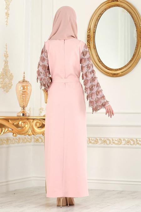 Nayla Collection - Kolları Detaylı Pudra Tesettür Abiye Elbise 100348PD - 2