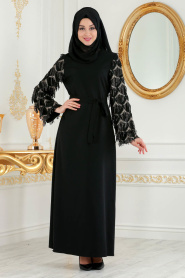 Nayla Colection - Kolları Detaylı Siyah Tesettür Abiye Elbise 100348S - Thumbnail