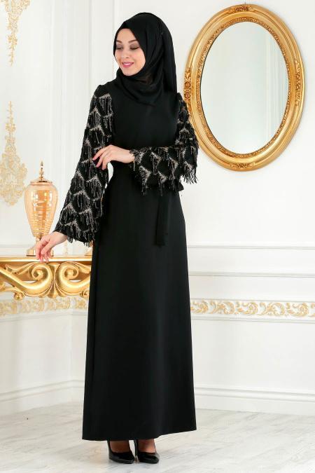 Nayla Colection - Kolları Detaylı Siyah Tesettür Abiye Elbise 100348S - 2