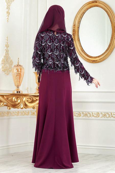 Nayla Colection - Mürdüm Bluz / Etek Tesettür Abiye Takım 100344MU - 2