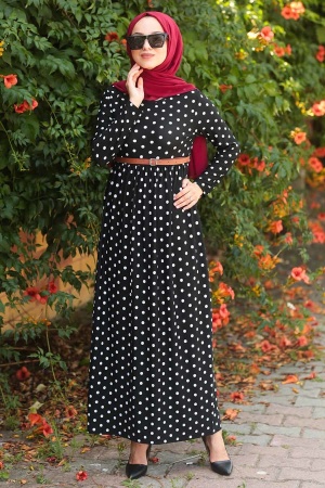 Nayla Colection - Puantiyeli Siyah Tesettür Elbise 16398S - 1