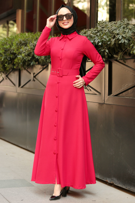 Nayla Colelction - Düğmeli Kırmızı Tesettür Elbise 5124K