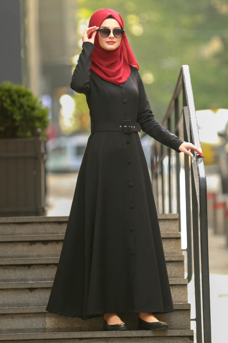 Nayla Colelction - Düğmeli Siyah Tesettür Elbise 5124S