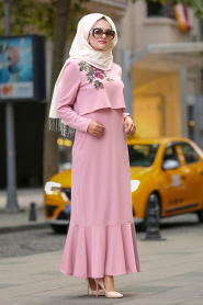 Nayla Colelction - Fıfırlı Gül Kurusu Tesettür Elbise 100395GK - Thumbnail