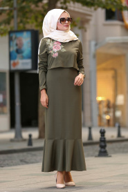 Nayla Colelction - Fıfırlı Haki Tesettür Elbise 100395HK - Thumbnail