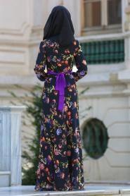 Nayla Collecion - Çiçek Desenli Siyah Tesettür Elbise 76931S - Thumbnail