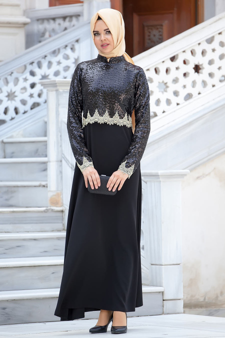 Nayla Collectiion - Üstü Payetli Siyah Tesettür Elbise 5269S