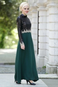Nayla Collectiion - Üstü Payetli Yeşil Tesettür Elbise 5269Y - Thumbnail