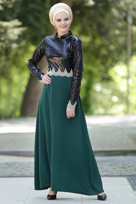 Nayla Collectiion - Üstü Payetli Yeşil Tesettür Elbise 5269Y