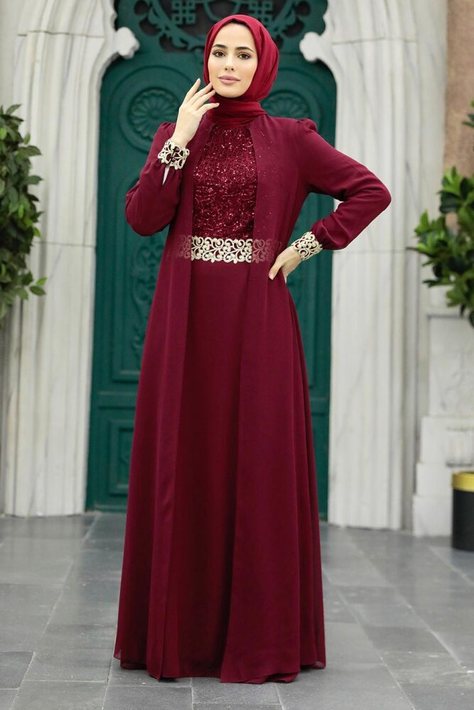 Nayla Collection - Aplikeli Bordo Tesettür Abiye Elbise 25700BR - 2