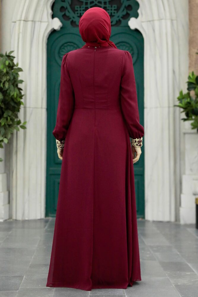 Nayla Collection - Aplikeli Bordo Tesettür Abiye Elbise 25700BR - 3