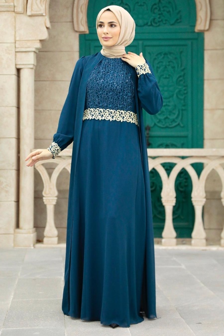 NAYLA COLLECTION - Nayla Collection - Aplikeli İndigo Mavisi Tesettür Abiye Elbise 25700IM