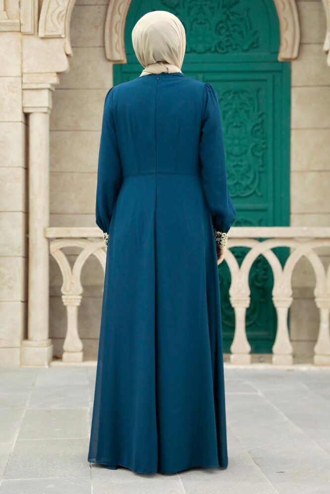Nayla Collection - Aplikeli İndigo Mavisi Tesettür Abiye Elbise 25700IM - 2