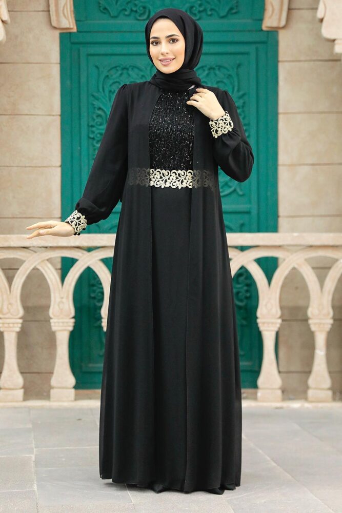 Nayla Collection - Aplikeli Siyah Tesettür Abiye Elbise 25700S - 2