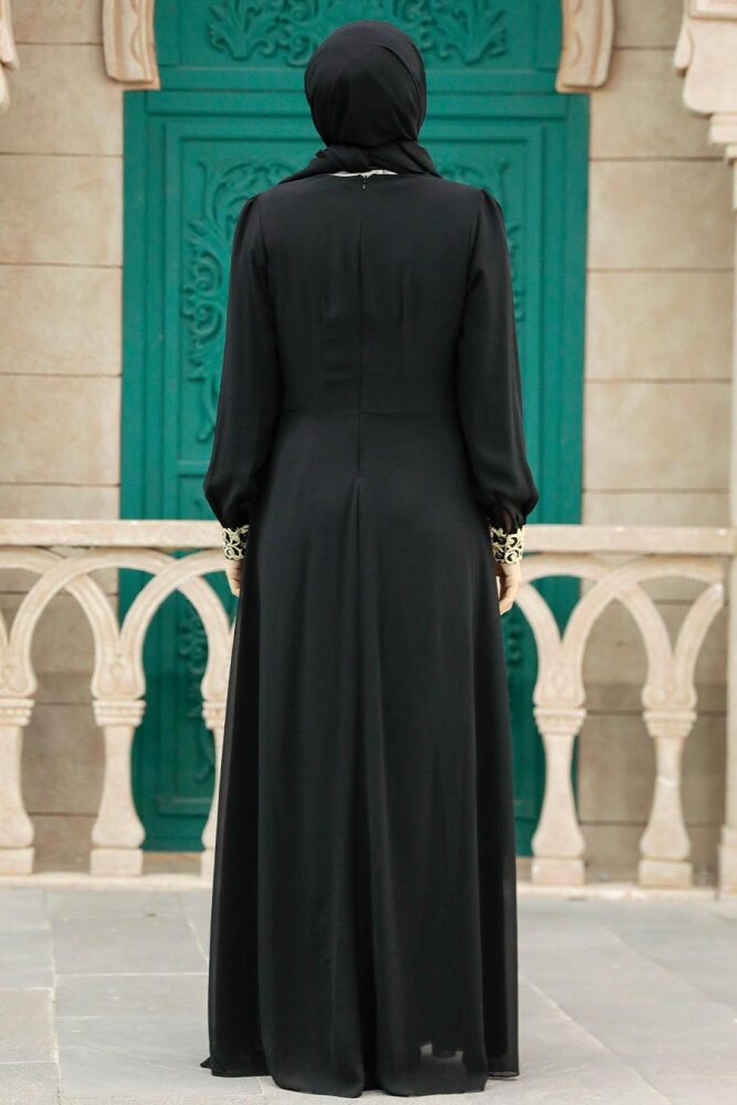 Nayla Collection - Aplikeli Siyah Tesettür Abiye Elbise 25700S - 3