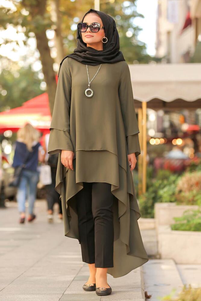 Nayla Collection - Arkası Uzun Haki Tesettür Tunik 22150HK - 1