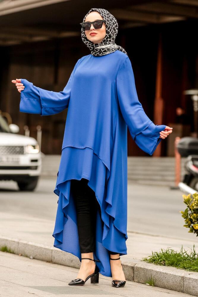 Nayla Collection - Arkası Uzun Sax Mavisi Tesettür Tunik 22150SX - 1