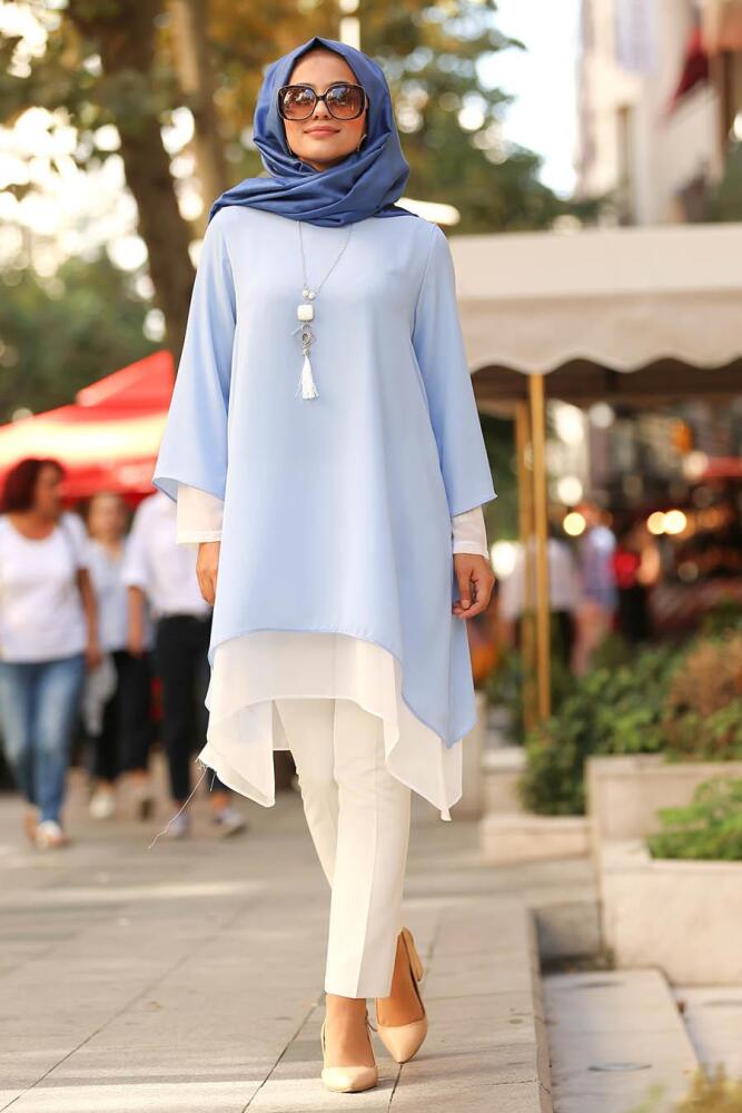 Nayla Collection - Asimetrik Kesim Bebek Mavisi Tesettür Tunik 22330BM - 1