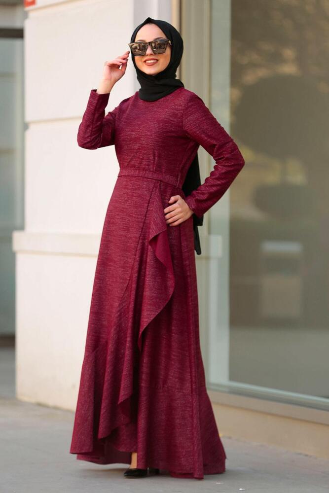 Nayla Collection - Asimetrik Kesim Bordo Tesettür Elbise 4265BR - 1