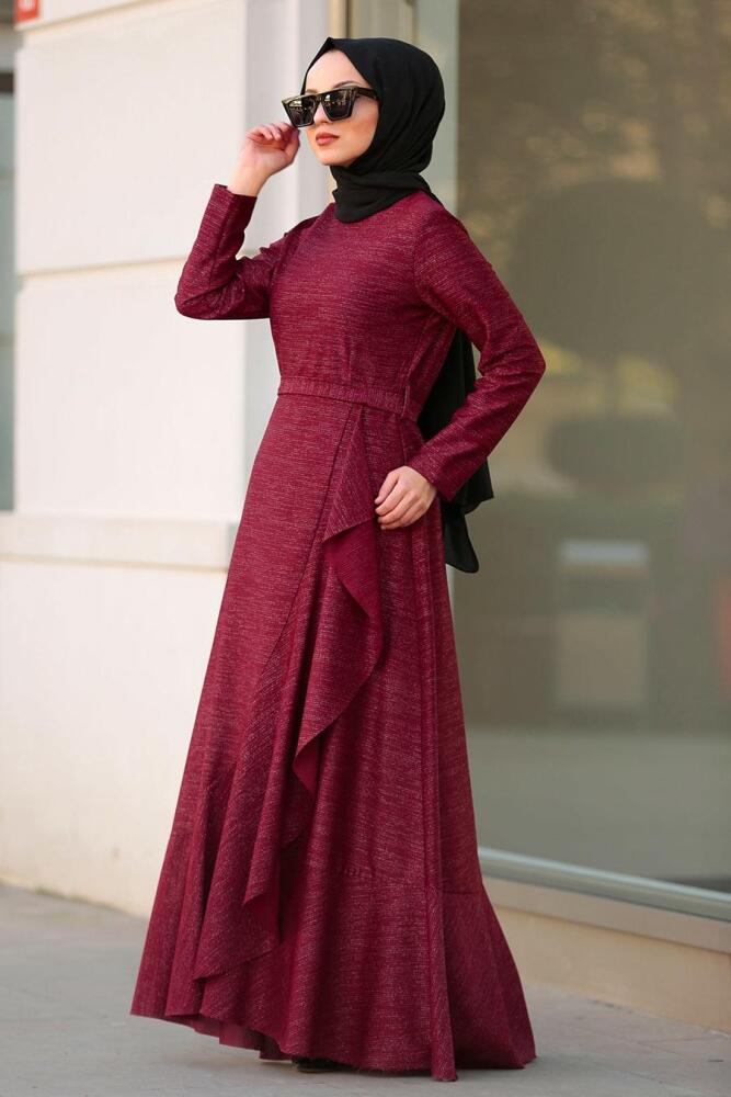 Nayla Collection - Asimetrik Kesim Bordo Tesettür Elbise 4265BR - 2