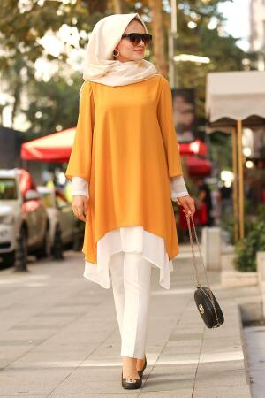 Nayla Collection - Asimetrik Kesim Hardal Tesettür Tunik 22330HR - 1