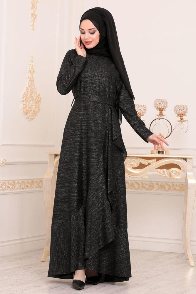 Nayla Collection - Asimetrik Kesim Siyah Tesettür Elbise 4265S - 1