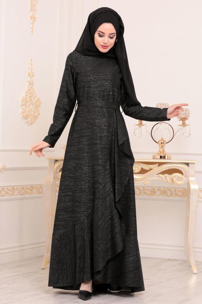 Nayla Collection - Asimetrik Kesim Siyah Tesettür Elbise 4265S - 2