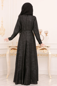 Nayla Collection - Asimetrik Kesim Siyah Tesettür Elbise 4265S - Thumbnail