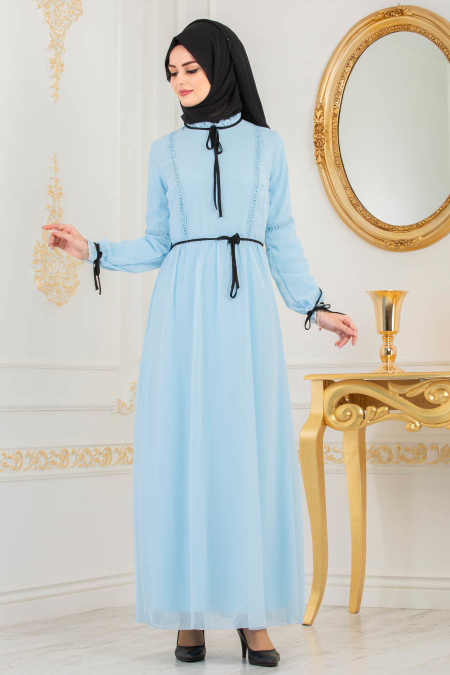 Nayla Collection - Bağcıklı Bebek Mavisi Tesettür Elbise 100434BM