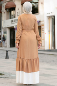 Nayla Collection - Bağcıklı Bisküvi Tesettür Elbise 3129BS - Thumbnail