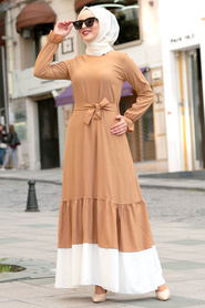 Nayla Collection - Bağcıklı Bisküvi Tesettür Elbise 3129BS - Thumbnail