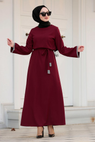 Nayla Collection - Bağcıklı Bordo Tesettür Elbise 42640BR - Thumbnail