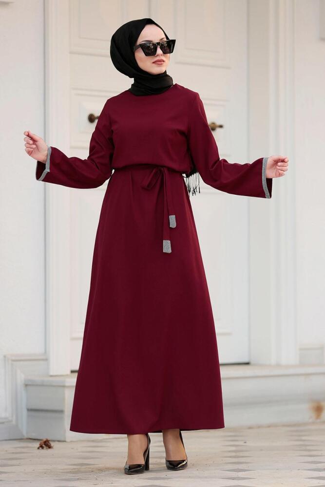Nayla Collection - Bağcıklı Bordo Tesettür Elbise 42640BR - 1