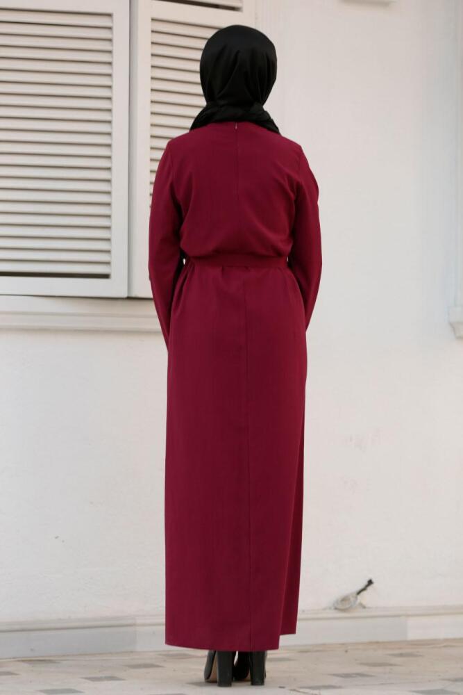 Nayla Collection - Bağcıklı Bordo Tesettür Elbise 42640BR - 2