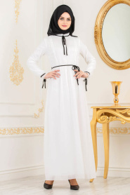 Nayla Collection - Bağcıklı Ekru Tesettür Elbise 100434E - Thumbnail