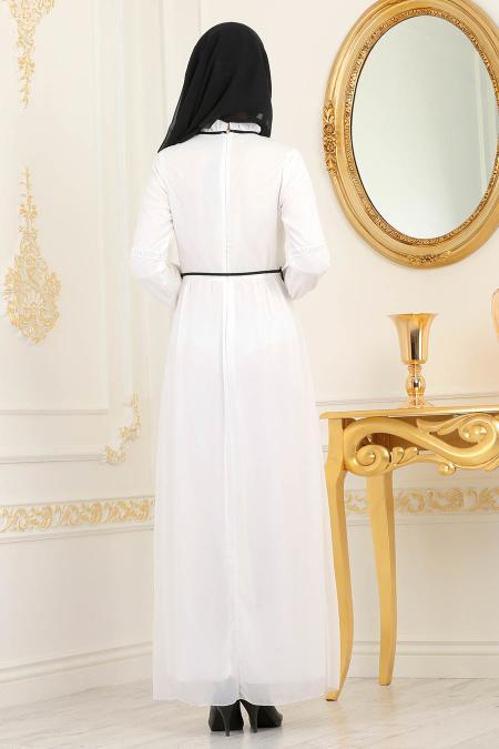 Nayla Collection - Bağcıklı Ekru Tesettür Elbise 100434E - 2