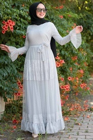 Nayla Collection - Bağcıklı Gri Tesettür Elbise 1306GR - Thumbnail