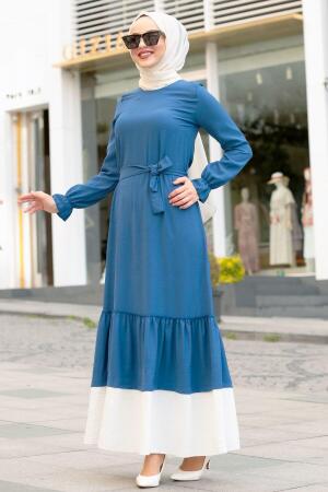 Nayla Collection - Bağcıklı İndigo Mavisi Tesettür Elbise 3129IM - 2