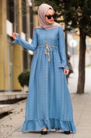 Nayla Collection - Bağcıklı İndigo Mavisi Tesettür Elbise 3365IM - Thumbnail