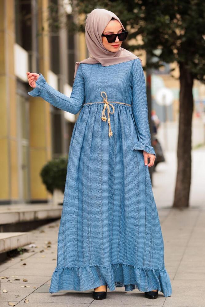 Nayla Collection - Bağcıklı İndigo Mavisi Tesettür Elbise 3365IM - 1