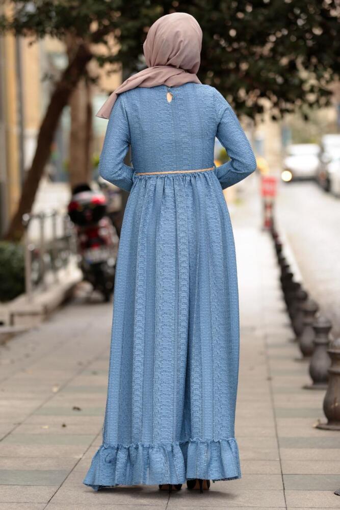Nayla Collection - Bağcıklı İndigo Mavisi Tesettür Elbise 3365IM - 2