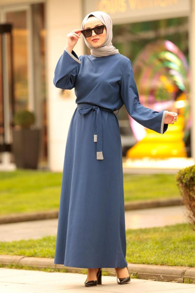 Nayla Collection - Bağcıklı İndigo Mavisi Tesettür Elbise 42640IM - 1