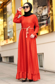 Nayla Collection - Bağcıklı Kiremit Tesettür Elbise 3365KRMT - Thumbnail