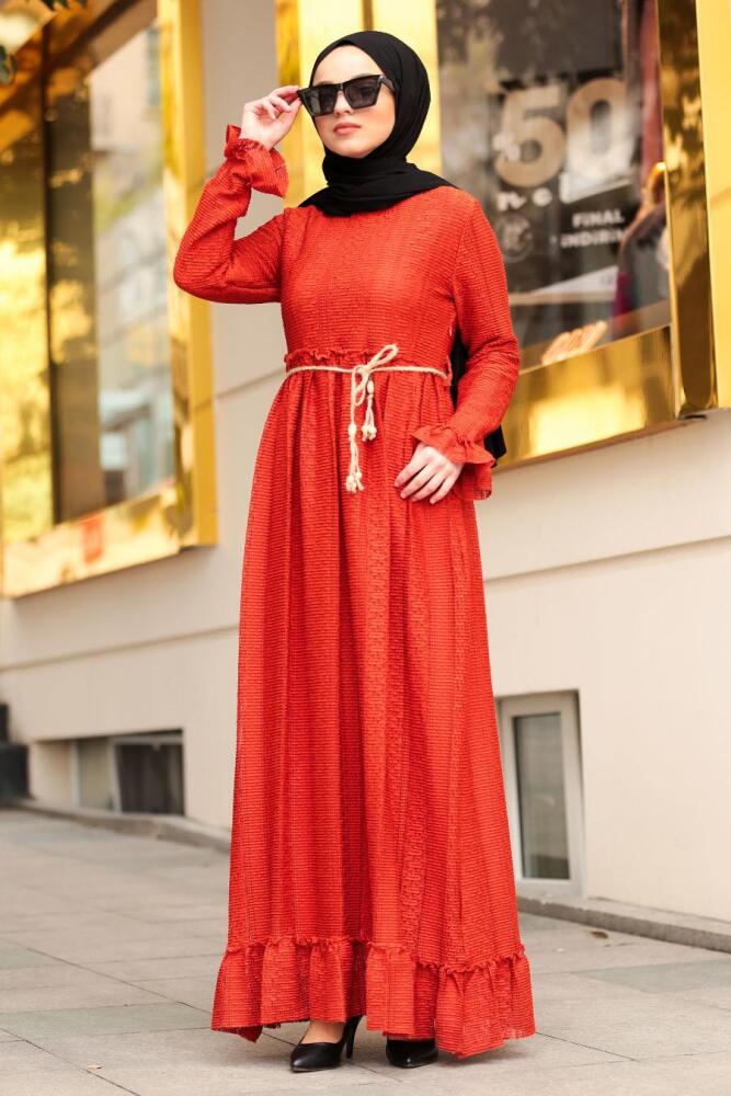 Nayla Collection - Bağcıklı Kiremit Tesettür Elbise 3365KRMT - 1
