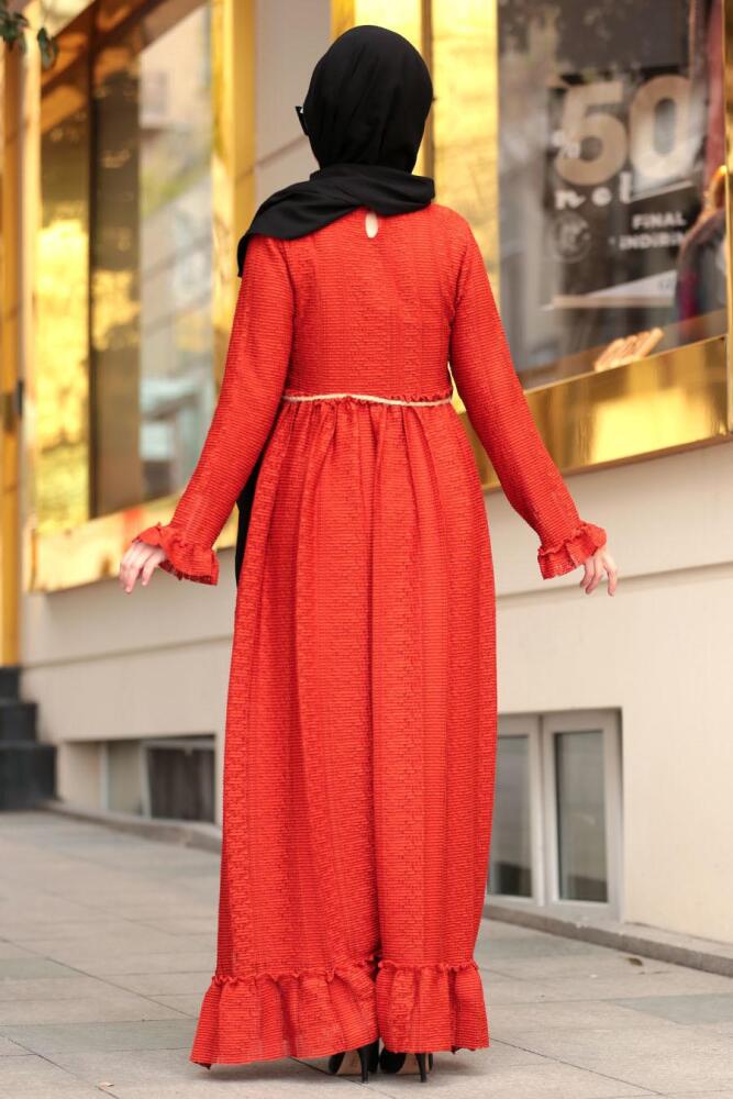 Nayla Collection - Bağcıklı Kiremit Tesettür Elbise 3365KRMT - 2