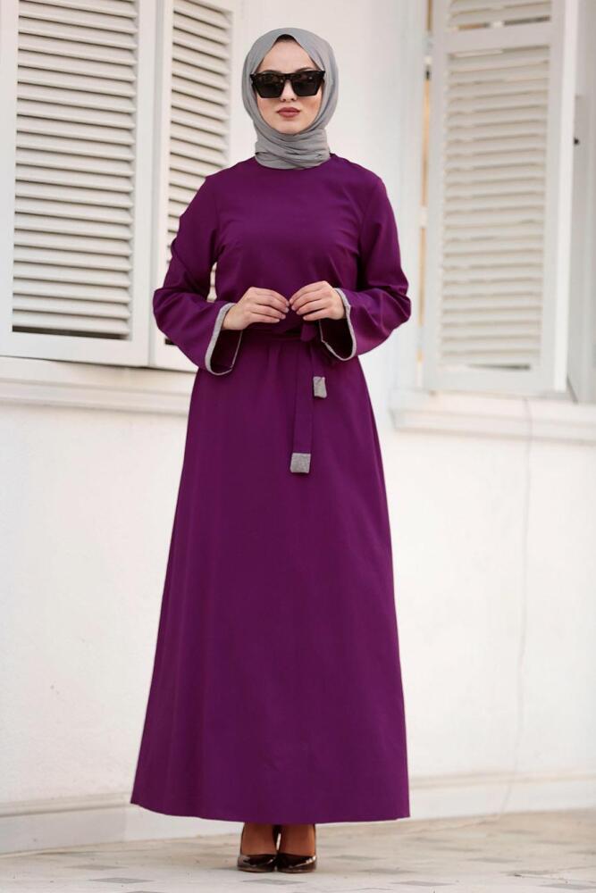 Nayla Collection - Bağcıklı Mor Tesettür Elbise 42640MOR - 1