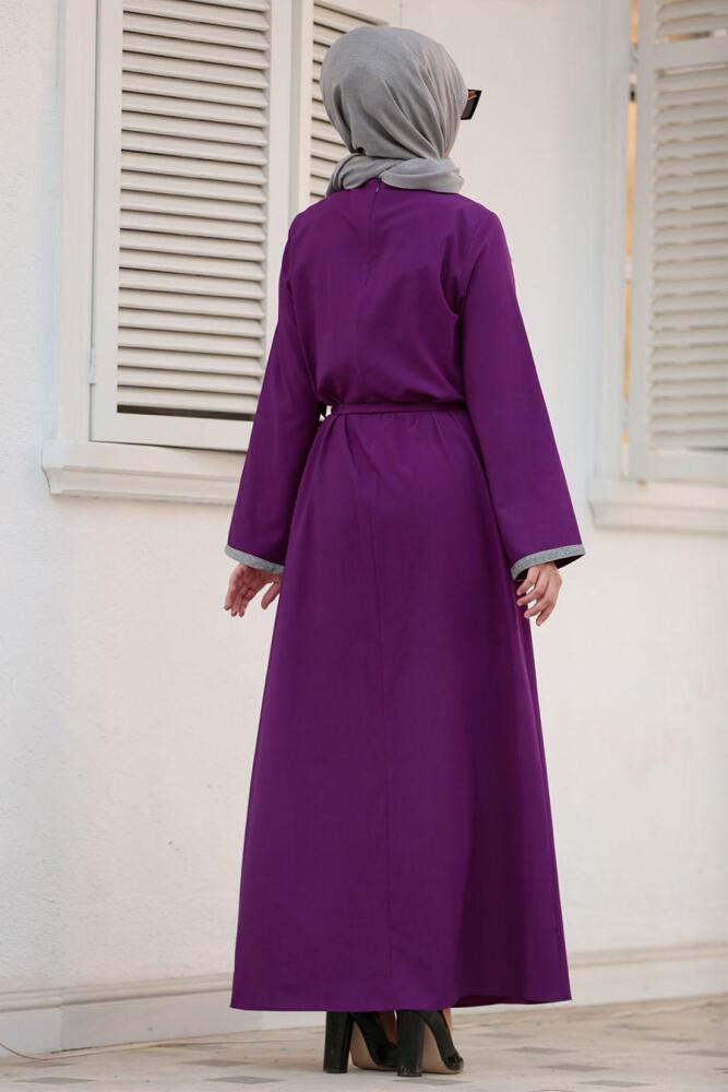 Nayla Collection - Bağcıklı Mor Tesettür Elbise 42640MOR - 2