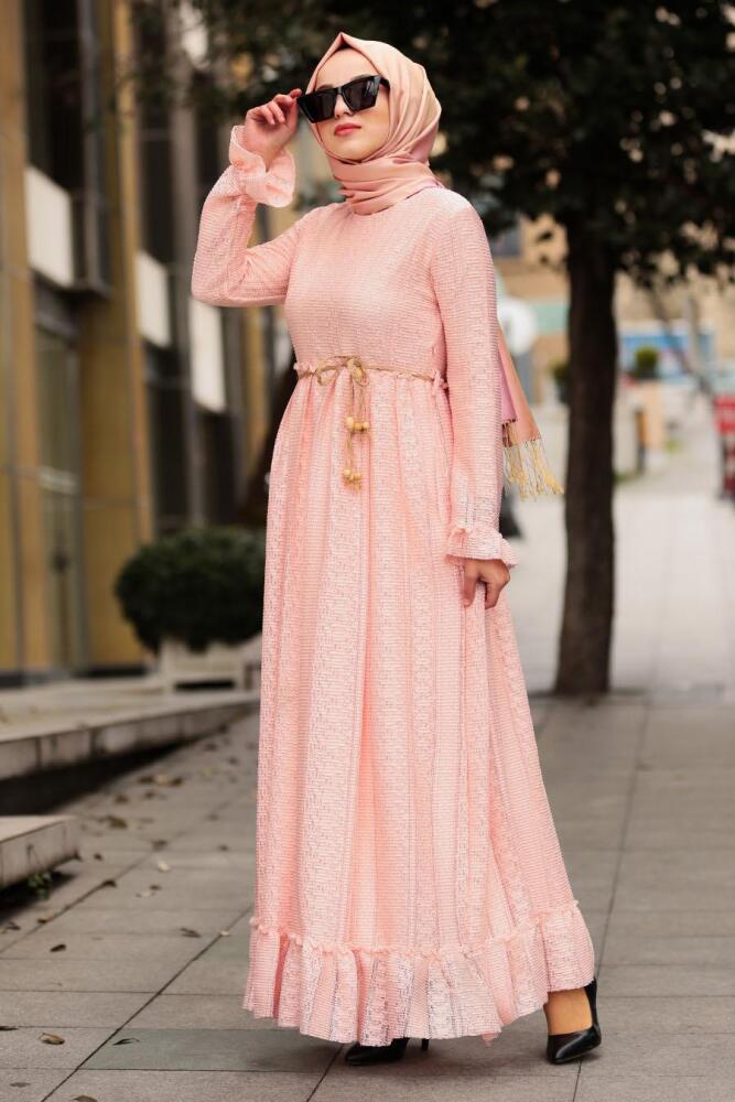 Nayla Collection - Bağcıklı Pudra Tesettür Elbise 3365PD - 1
