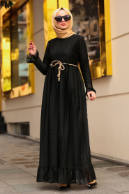 Nayla Collection - Bağcıklı Siyah Tesettür Elbise 3365S - Thumbnail